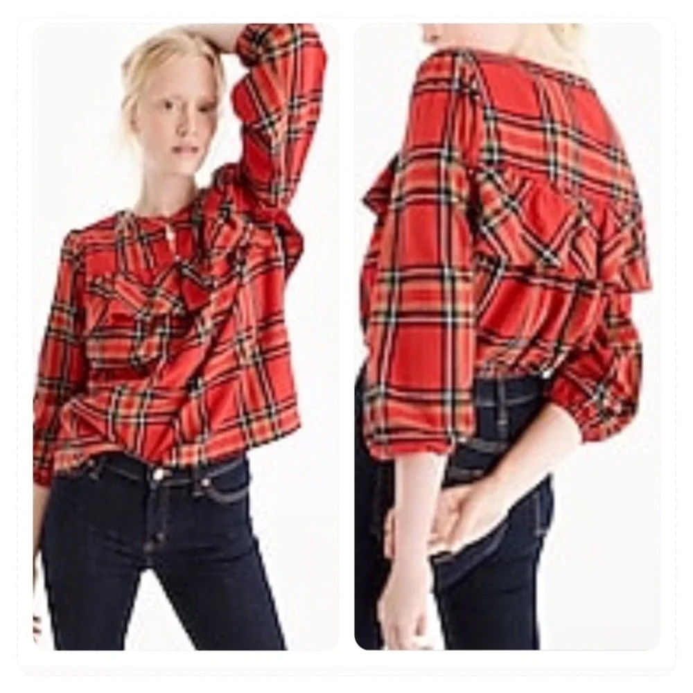 J Crew Ruffle Top Festive Plaid Red